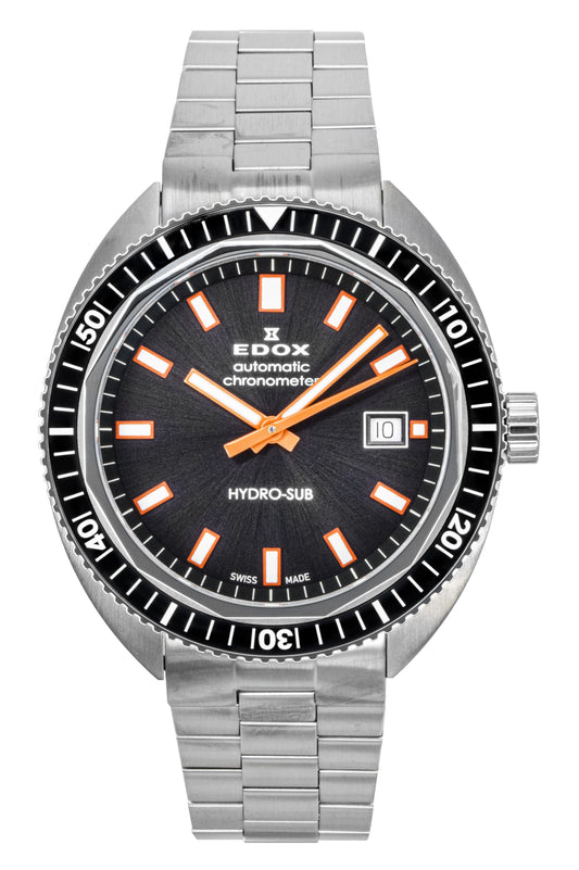 Edox Hydro-Sub Stainless Steel Grey Dial Automatic Diver's. A brand-new Edox Hydro-Sub watch featuring a Grey dial and a Stainless steel strap. Angled view.