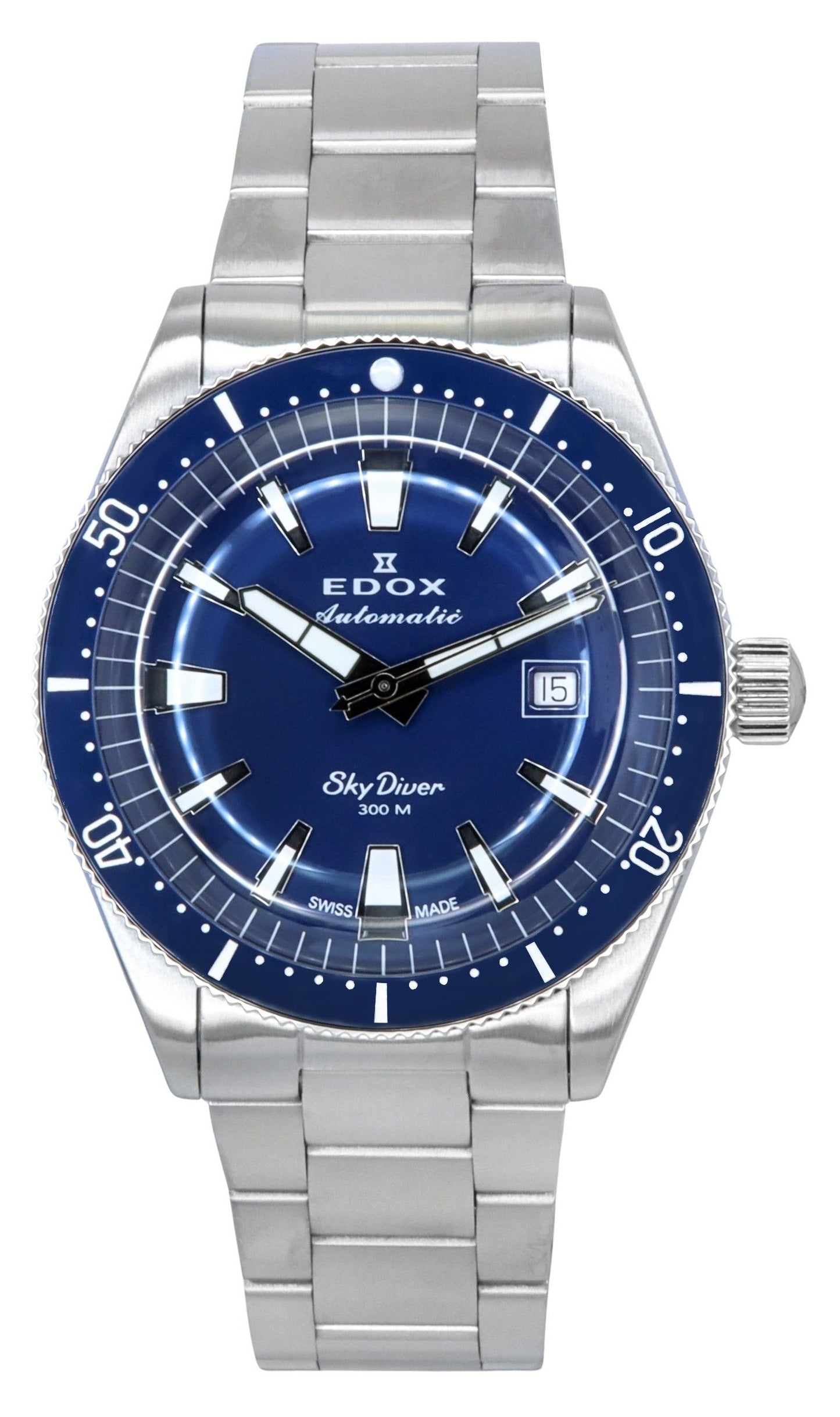 Edox Skydiver Date Limited Edition Stainless Steel Blue. A brand-new Edox Skydiver watch featuring a Blue dial and a Stainless steel strap. Angled view.