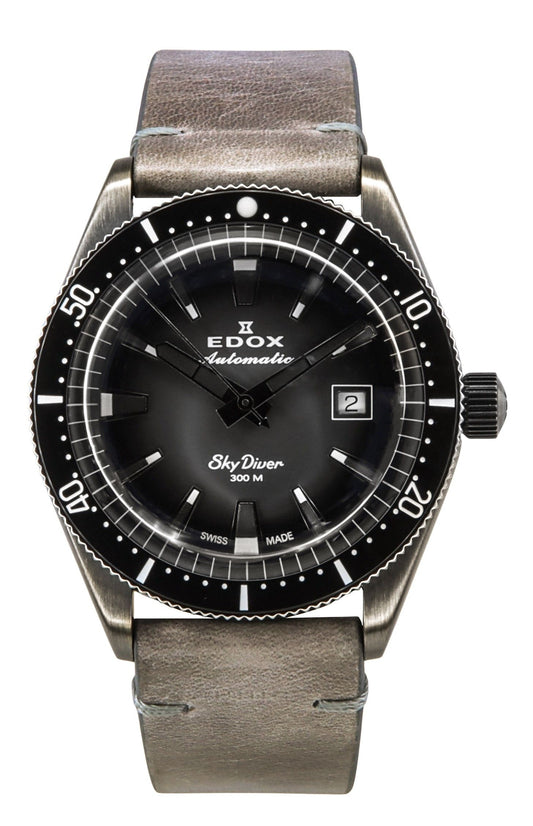 Edox Skydiver Limited Edition Leather Strap Grey Dial. A brand-new Edox Skydiver watch featuring a Grey dial and a Leather strap. Angled view.