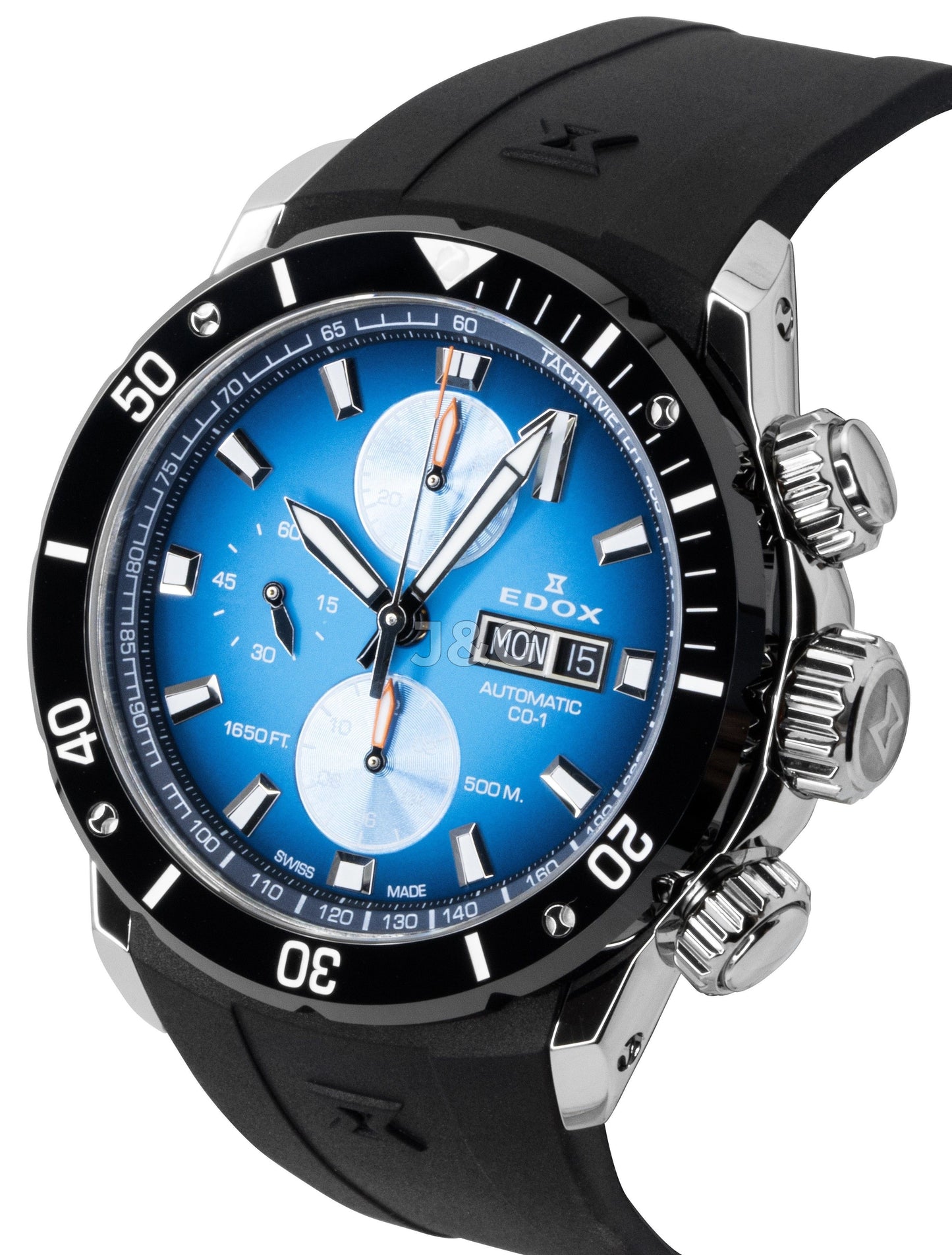 Edox Automatic movement Blue Rubber Male 011283NOCABUIDN. A brand-new Edox watch featuring a Blue dial and a Rubber strap. Angled view. - view 3