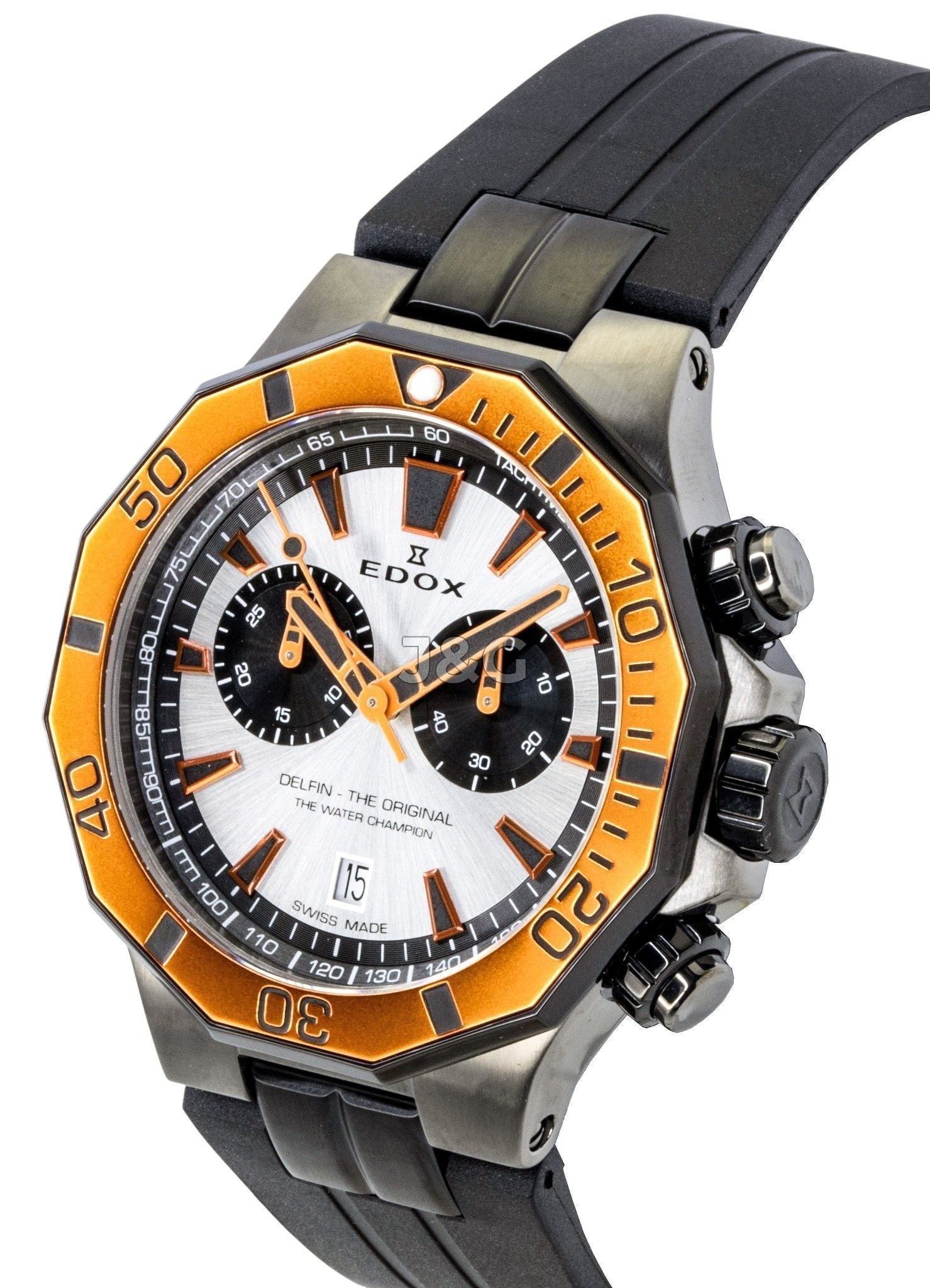 Edox Delfin The Original Quartz movement Silver Rubber Male 1011237GNOCAANO. A brand-new Edox Delfin watch featuring a Silver dial and a Rubber strap. Side view. - view 3