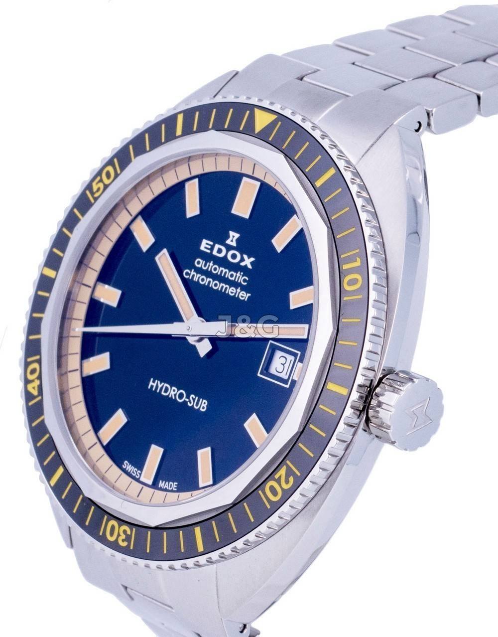 Edox Hydro-Sub Automatic movement Black Stainless steel Male 801283NBMNIB. A brand-new Edox Hydro-Sub watch featuring a Black dial and a Stainless steel strap. Side view. - view 3