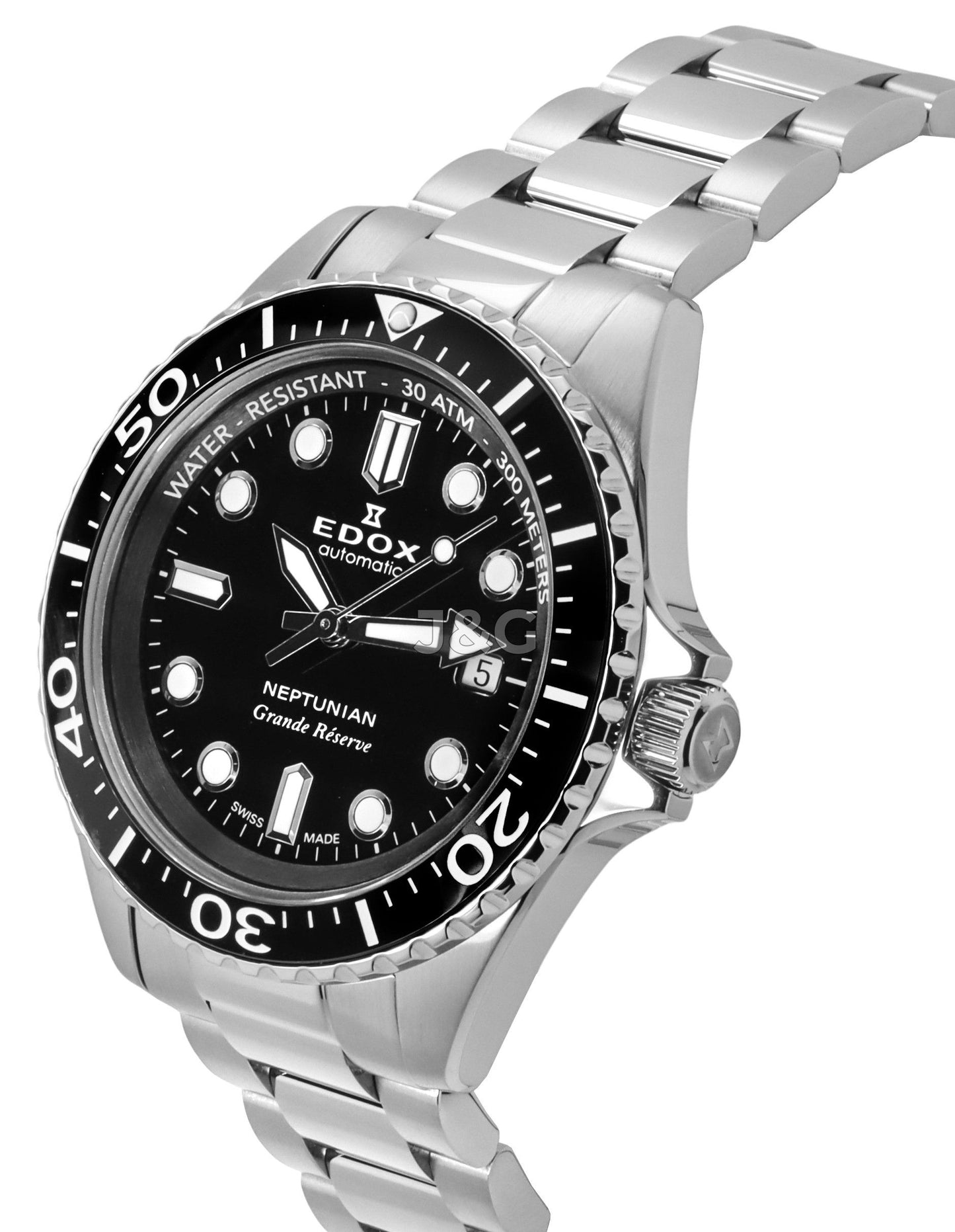 Edox Neptunian Automatic movement Black Stainless steel Male 808013NMNIN. A brand-new Edox Neptunian watch featuring a Black dial and a Stainless steel strap. Front view. - view 3