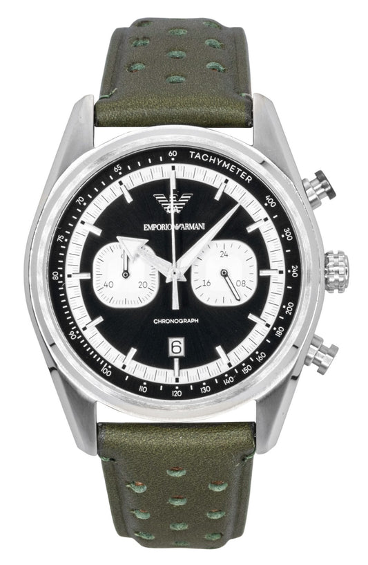 Emporio Armani Chronograph Green Leather Black And Silver. A brand-new Emporio Armani watch featuring a Silver dial and a Leather strap. Angled view.