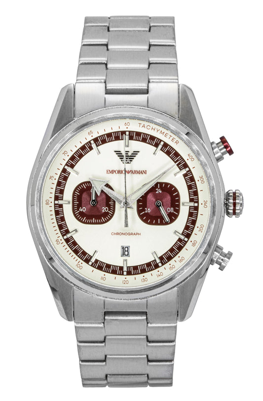 Emporio Armani Chronograph Stainless Steel Multicolor Dial. A brand-new Emporio Armani watch featuring a Multicolor dial and a Stainless steel strap. Side view.