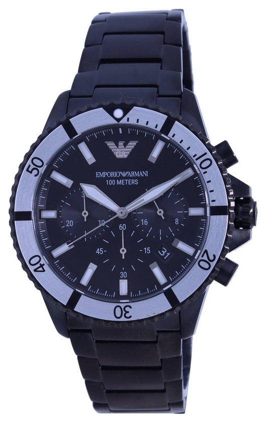 Emporio Armani Diver Chronograph Quartz 100M Water Resistant. A brand-new Emporio Armani watch featuring a Stainless steel strap. Angled view.