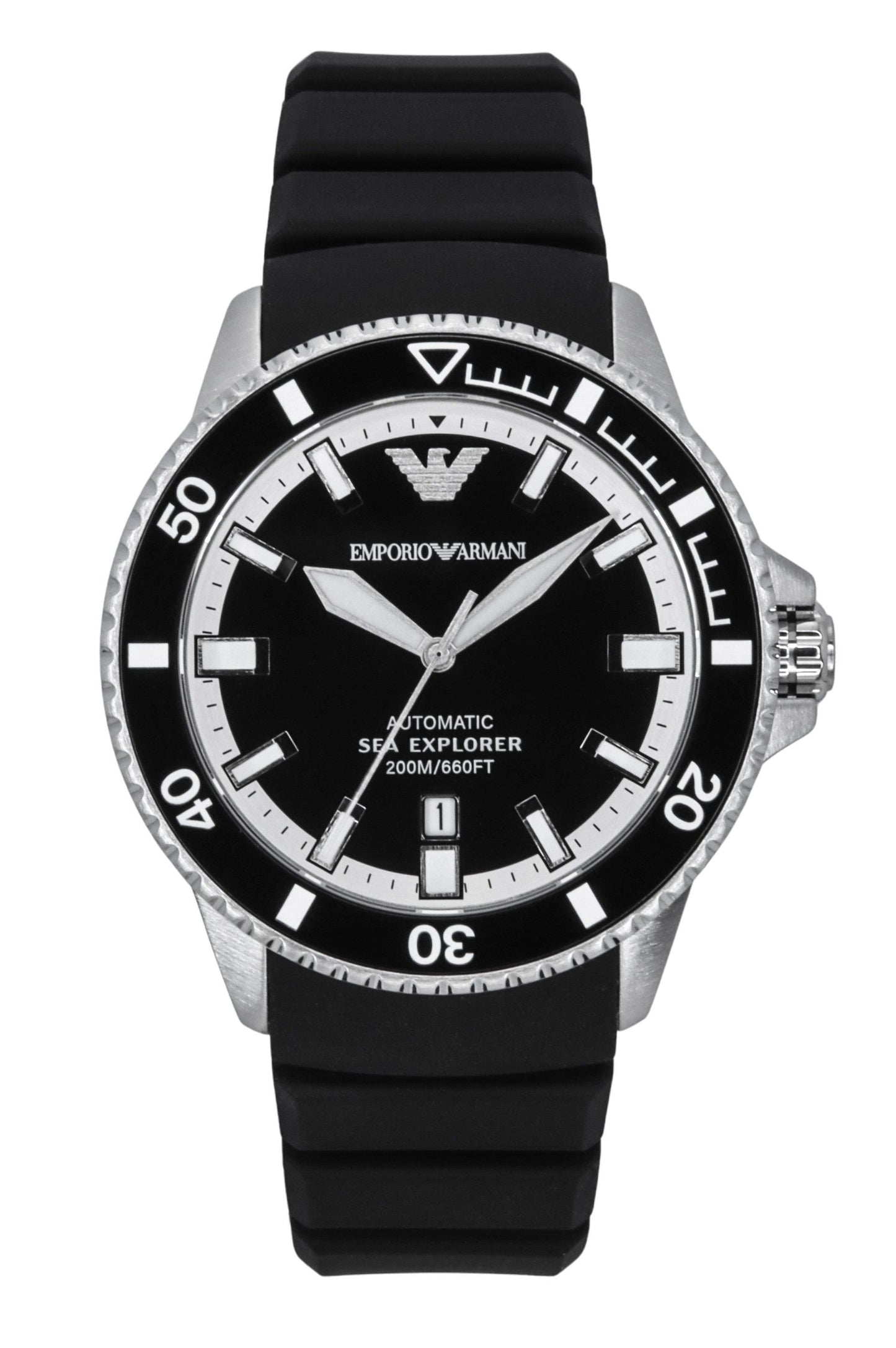 Emporio Armani Sea Explorer Silicone Strap Black Dial. A brand-new Emporio Armani Sea Explorer watch featuring a Black dial and a Silicone strap. Angled view.