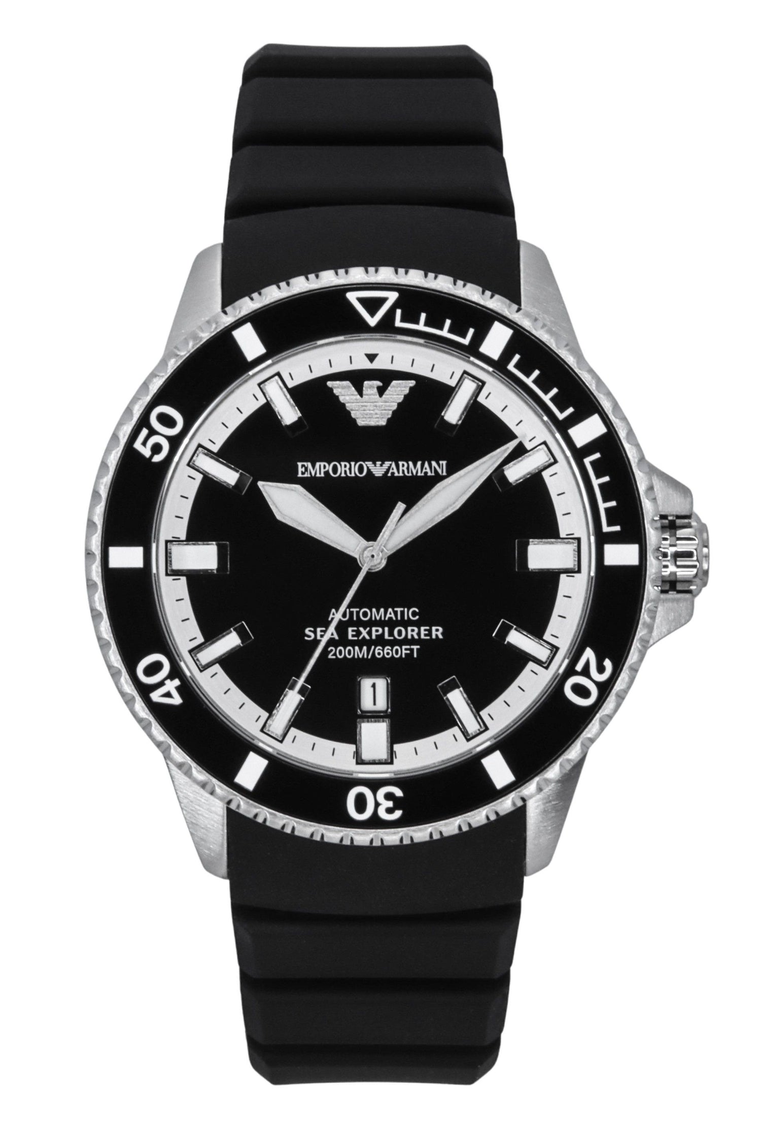 Emporio Armani Sea Explorer Silicone Strap Black Dial. A brand-new Emporio Armani Sea Explorer watch featuring a Black dial and a Silicone strap. Angled view.