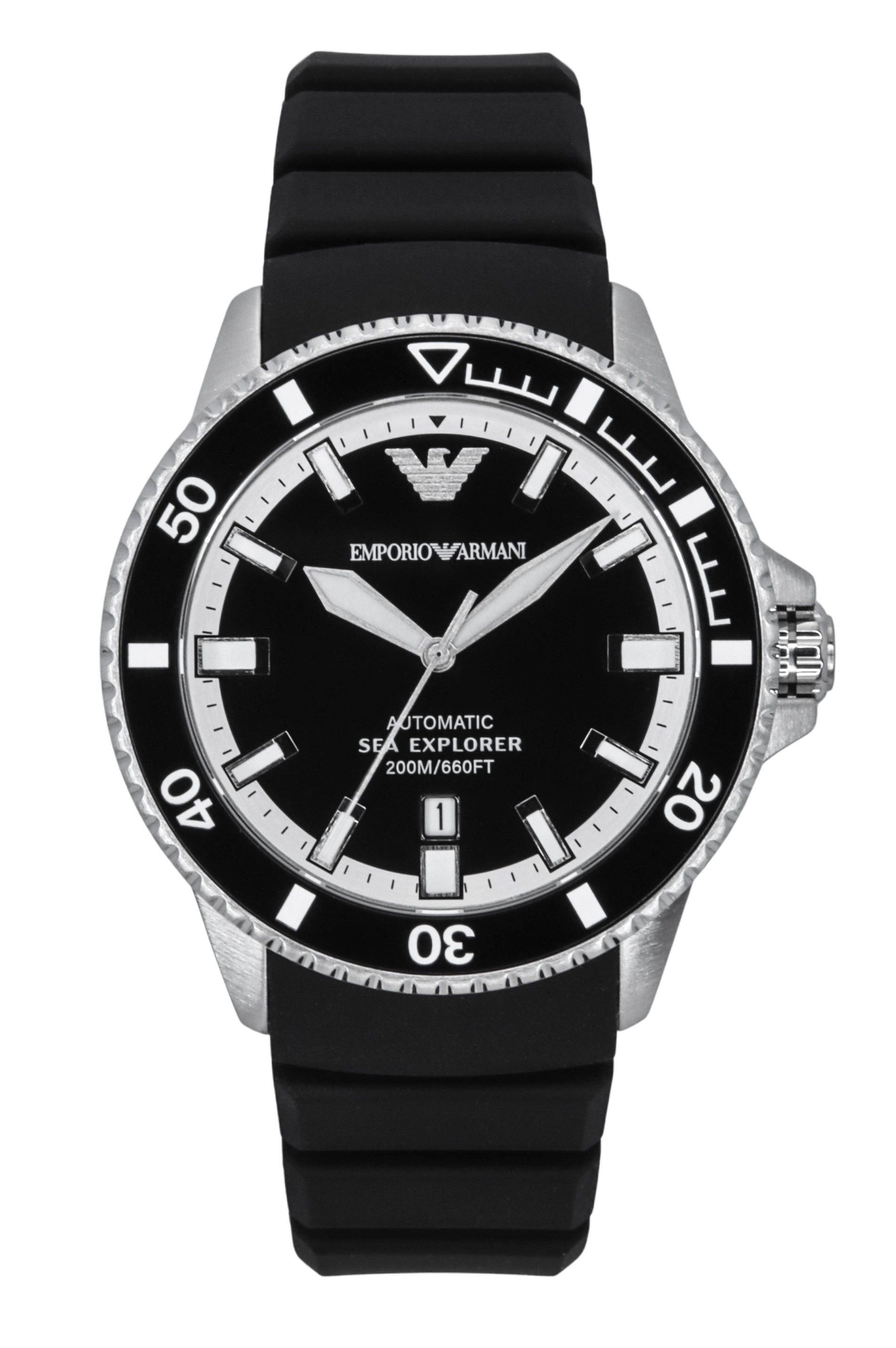 Emporio Armani Sea Explorer Silicone Strap Black Dial. A brand-new Emporio Armani Sea Explorer watch featuring a Black dial and a Silicone strap. Angled view.