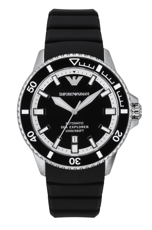 Emporio Armani Sea Explorer Silicone Strap Black Dial. A brand-new Emporio Armani Sea Explorer watch featuring a Black dial and a Silicone strap. Angled view.