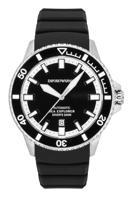 Emporio Armani Sea Explorer Silicone Strap Black Dial. A brand-new Emporio Armani Sea Explorer watch featuring a Black dial and a Silicone strap. Front view.