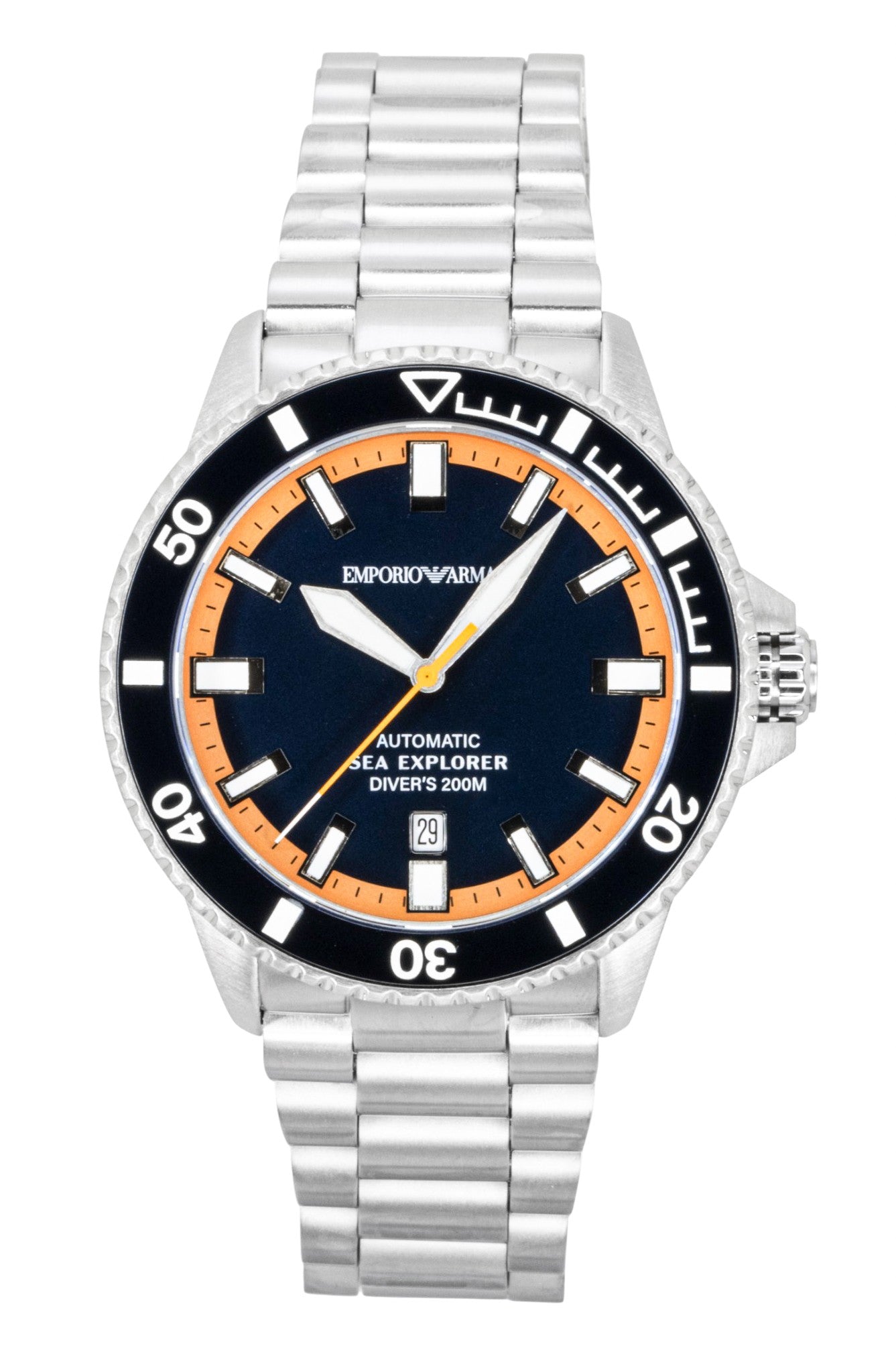 Emporio Armani Sea Explorer Stainless Steel Blue Dial. A brand-new Emporio Armani Sea Explorer watch featuring a Blue dial and a Stainless steel strap. Angled view.