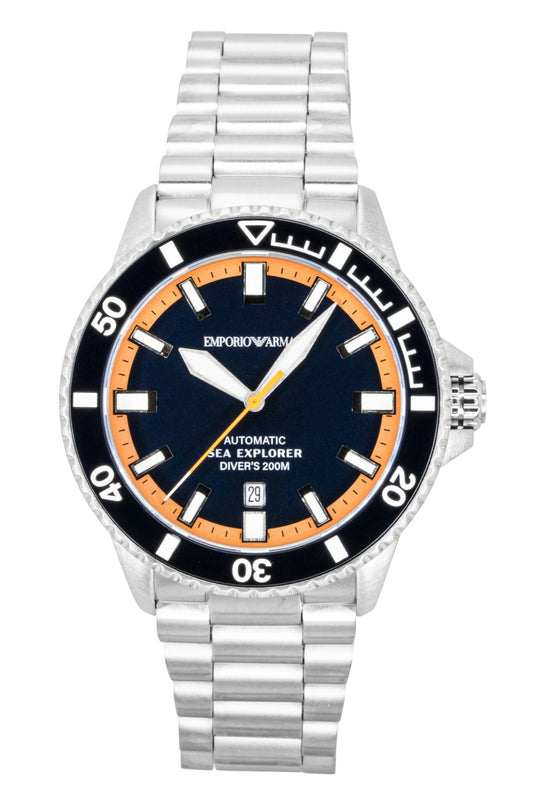 Emporio Armani Sea Explorer Stainless Steel Blue Dial. A brand-new Emporio Armani Sea Explorer watch featuring a Blue dial and a Stainless steel strap. Angled view.
