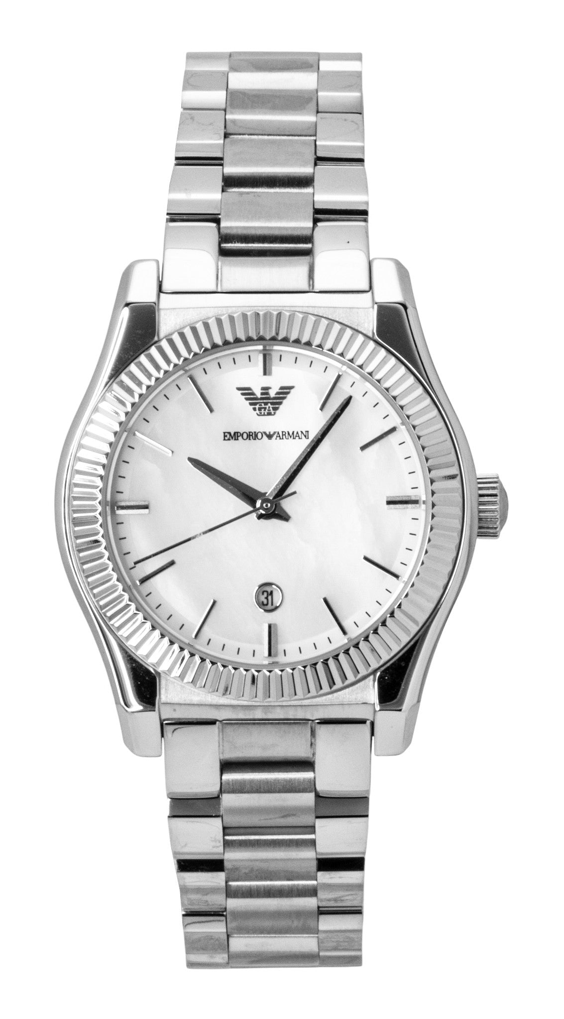 Emporio Armani Stainless Steel Mother Of Pearl Dial Quartz. A brand-new Emporio Armani watch featuring a Mother Of Pearl dial and a Stainless steel strap. Angled view.