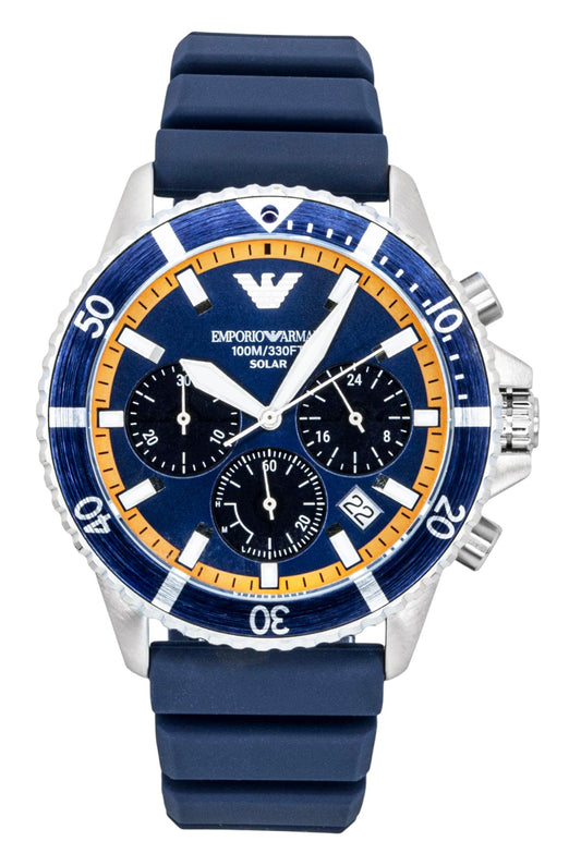 Emporio Armani World Explorer Chronograph Silicone Strap. A brand-new Emporio Armani World Explorer watch featuring a Blue dial and a Silicone strap. Front view.