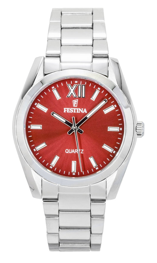 Festina Alegria Stainless Steel Red Dial Quartz Wo. A brand-new Festina Alegria watch featuring a Red dial and a Stainless steel strap. Front view.
