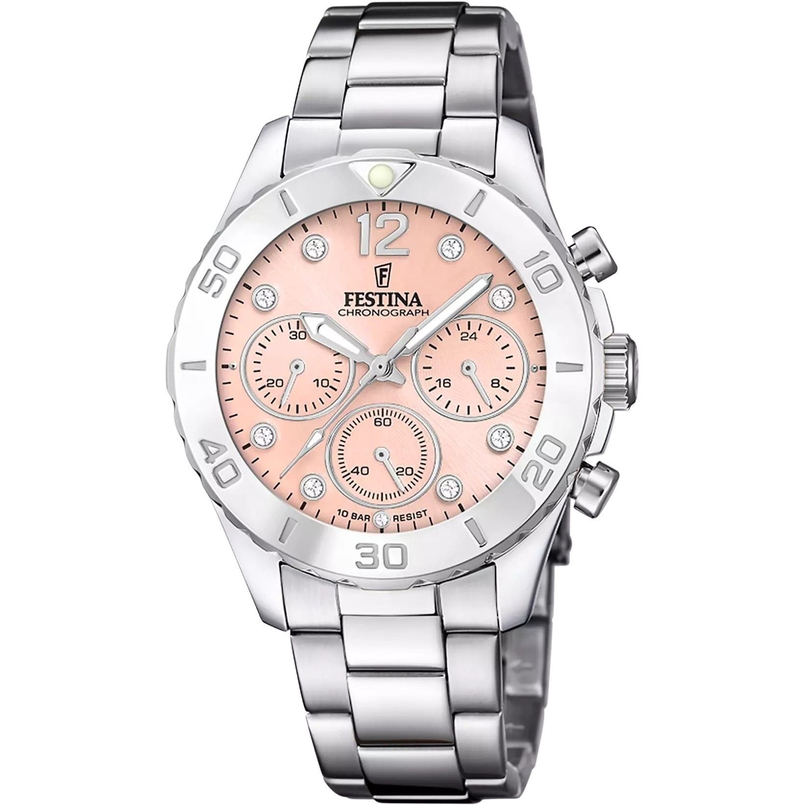 Festina Boyfriend Chronograph Crystal Accents Pink Dial. A brand-new Festina Chronograph watch featuring a Pink dial. Side view.