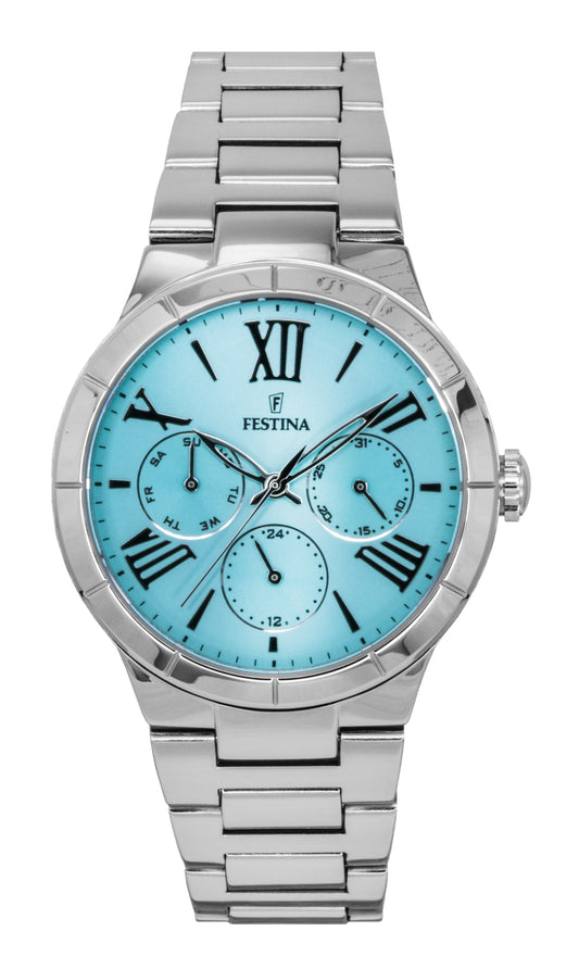 Festina Boyfriend Stainless Steel Multifunction Ice Blue. A brand-new Festina Multifunction watch featuring a Blue dial and a Stainless steel strap. Side view.