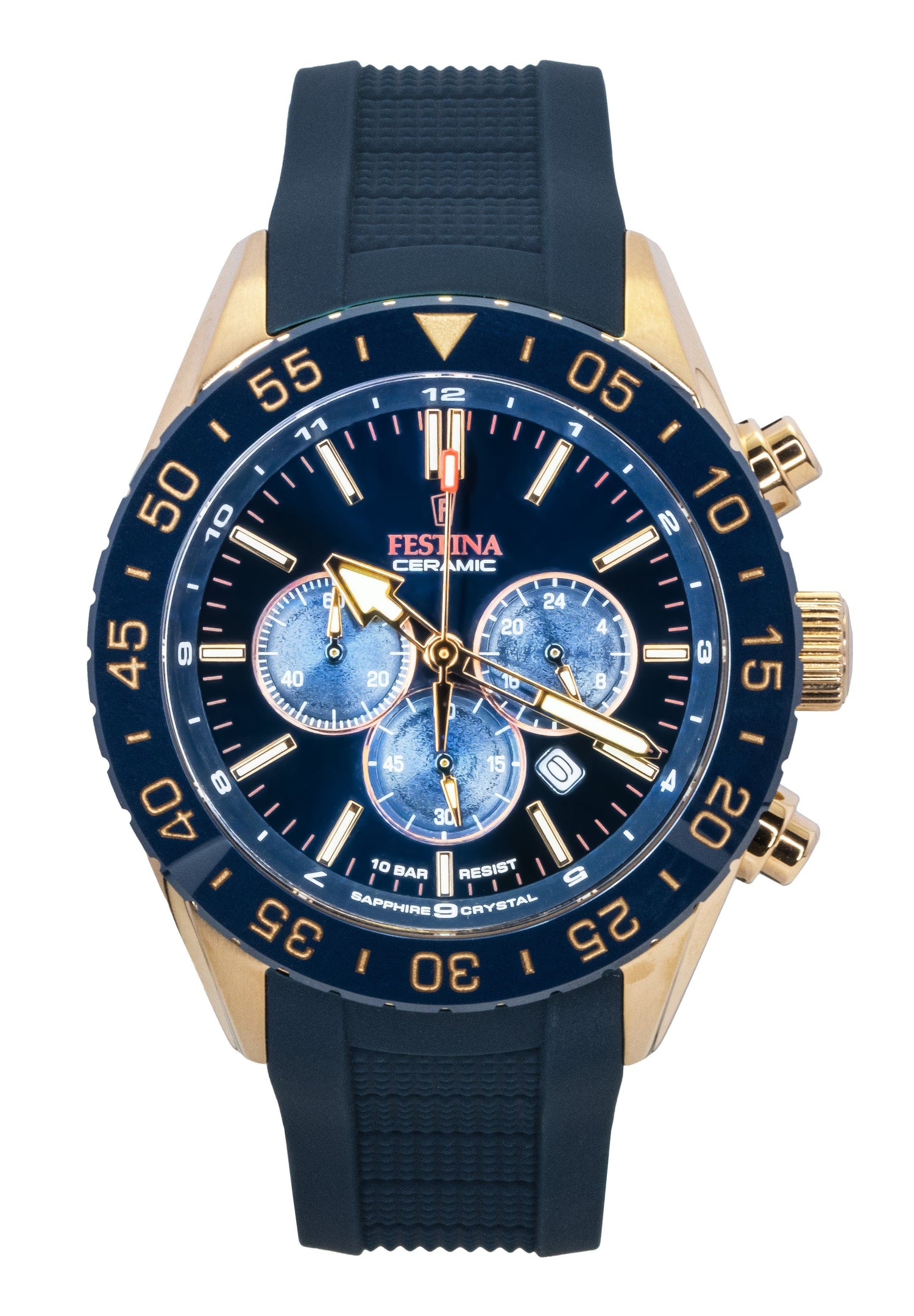 Festina Ceramic Chronograph Rubber Strap Blue Dial Quartz. A brand-new Festina Ceramic watch featuring a Blue dial and a Rubber strap. Front view.