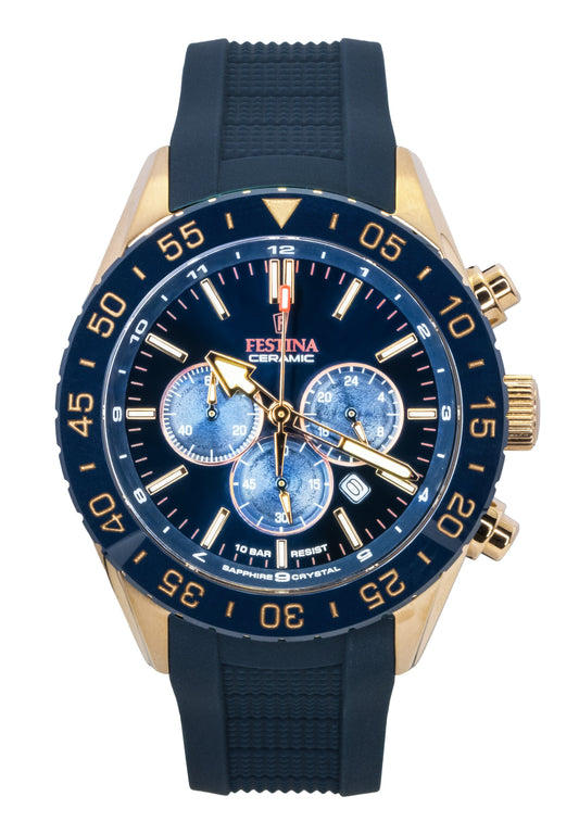 Festina Ceramic Chronograph Rubber Strap Blue Dial Quartz. A brand-new Festina Ceramic watch featuring a Blue dial and a Rubber strap. Front view.