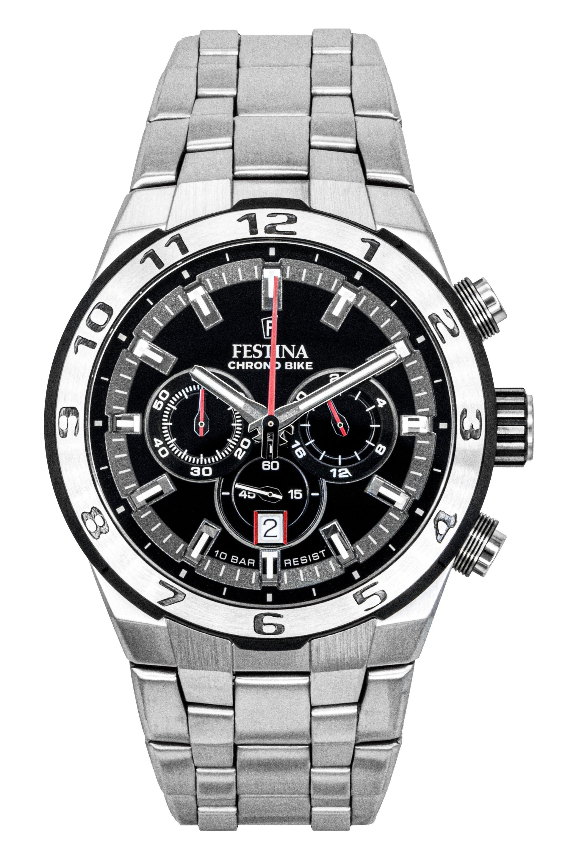 Festina Chrono Bike Chronograph Stainless Steel Black Dial. A brand-new Festina Chronograph watch featuring a Black dial and a Stainless steel strap. Front view.