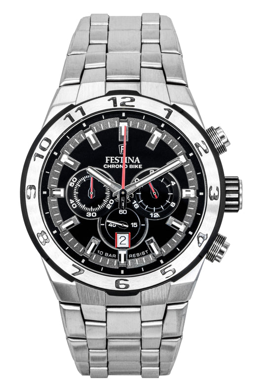 Festina Chrono Bike Chronograph Stainless Steel Black Dial. A brand-new Festina Chronograph watch featuring a Black dial and a Stainless steel strap. Front view.