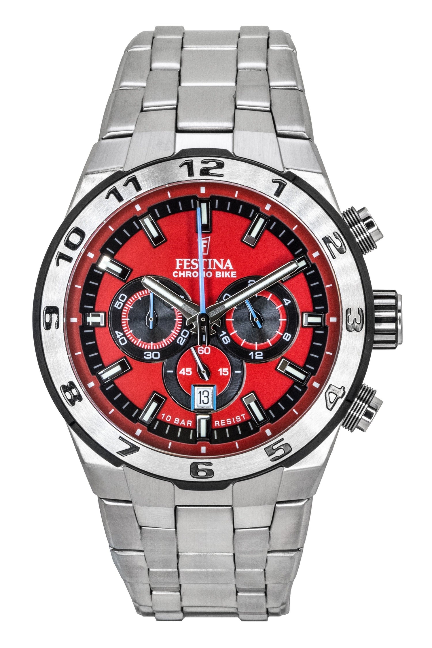 Festina Chrono Bike Chronograph Stainless Steel Red Dial. A brand-new Festina Chronograph watch featuring a Red dial and a Stainless steel strap. Front view.