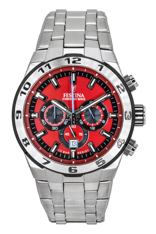 Festina Chrono Bike Chronograph Stainless Steel Red Dial. A brand-new Festina Chronograph watch featuring a Red dial and a Stainless steel strap. Front view.