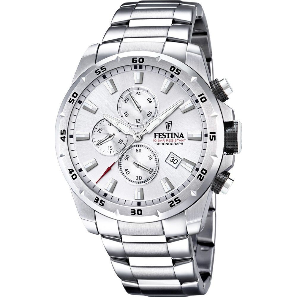 Festina Chrono Sport Stainless Steel Silver Dial Quartz 100M. A brand-new Festina watch featuring a Silver dial and a Stainless steel strap. Front view.