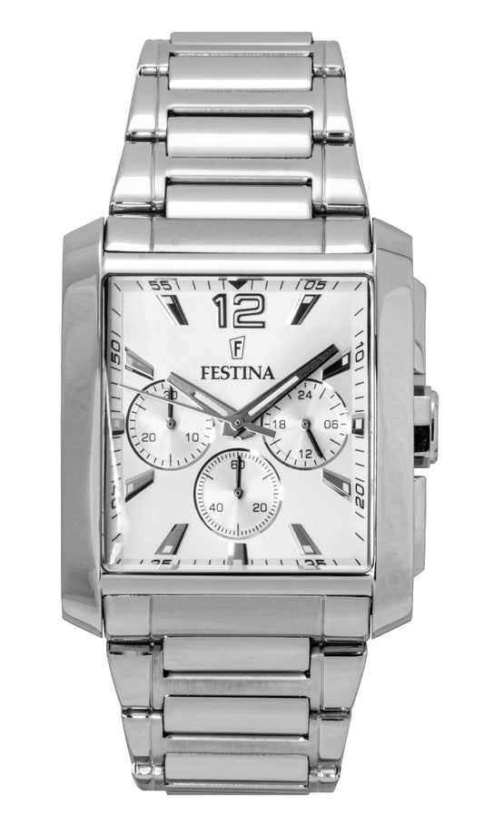Festina Chronograph Stainless Steel Silver Dial Quartz. A brand-new Festina Chronograph watch featuring a Silver dial and a Stainless steel strap. Angled view.