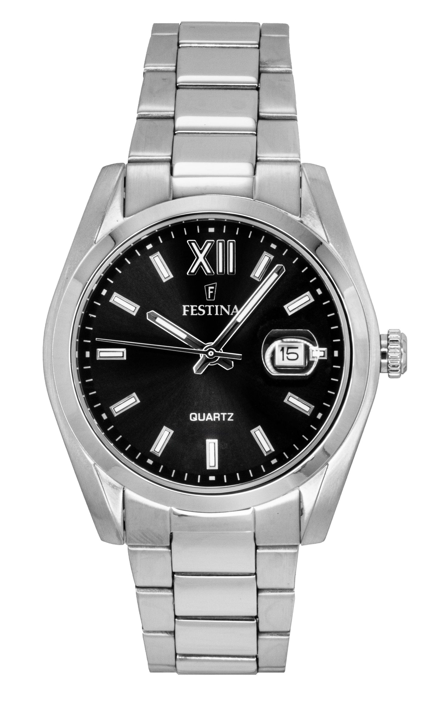 Festina Classic Stainless Steel Black Dial Quartz. A brand-new Festina Classic watch featuring a Black dial and a Stainless steel strap. Angled view.