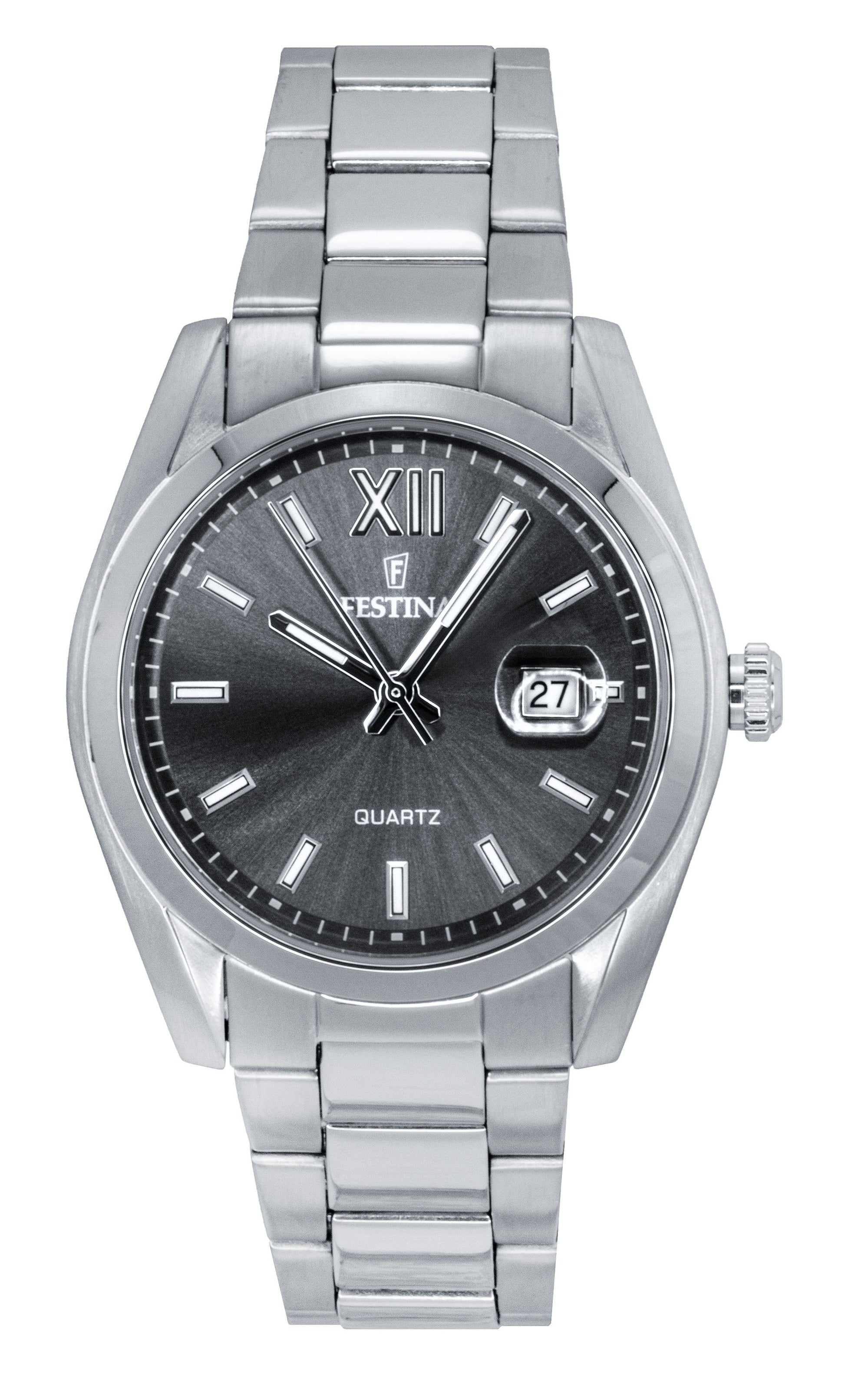Festina Classic Stainless Steel Grey Dial Quartz. A brand-new Festina Classic watch featuring a Grey dial and a Stainless steel strap. Side view.