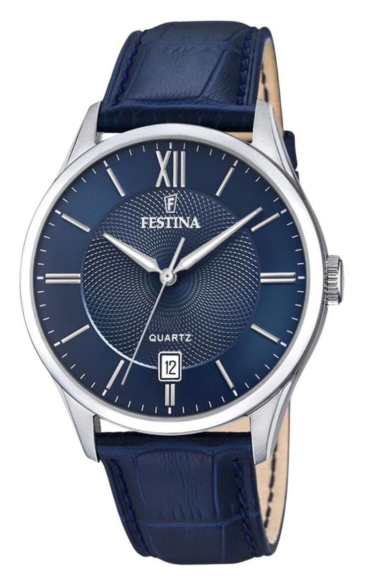 Festina Classics Leather Strap Blue Dial Quartz 100M. A brand-new Festina watch featuring a Blue dial and a Leather strap. Front view.