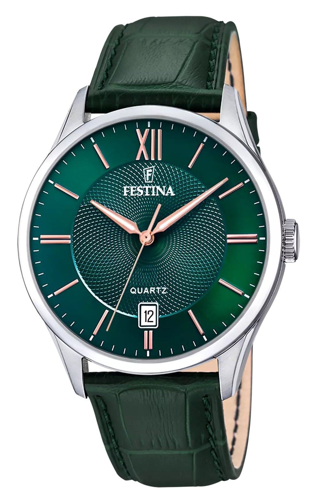Festina Classics Leather Strap Green Dial Quartz. A brand-new Festina watch featuring a Green dial and a Leather strap. Angled view.