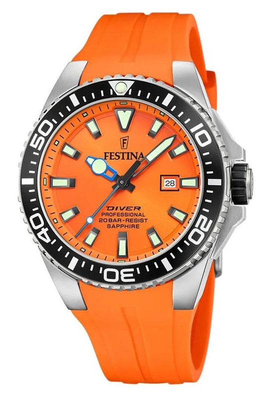 Festina Diver Rubber Strap Orange Dial Quartz 200M. A brand-new Festina Diver watch featuring a Orange dial and a Rubber strap. Angled view.