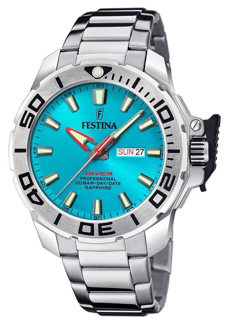Festina Diver Stainless Steel Turquoise Dial Quartz 200M. A brand-new Festina Diver watch featuring a Turquoise dial and a Stainless steel strap. Front view.