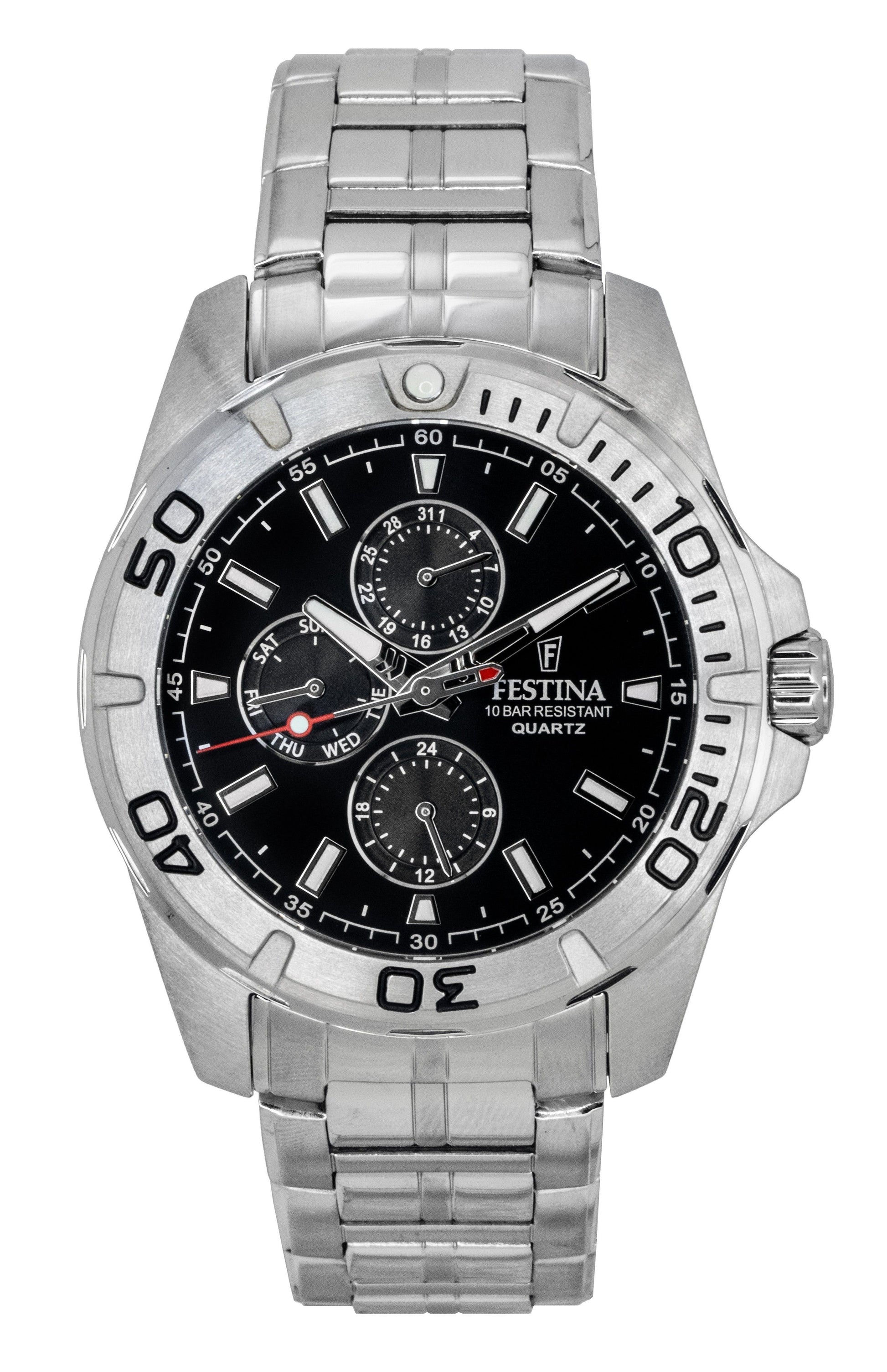 Festina Multifunction Stainless Steel Black Dial Quartz 100M. A brand-new Festina Multifunction watch featuring a Black dial and a Stainless steel strap. Front view.