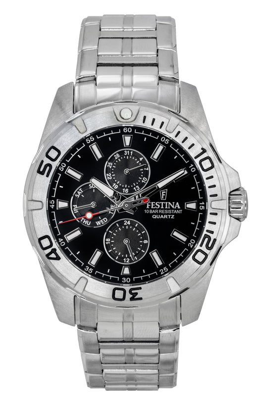 Festina Multifunction Stainless Steel Black Dial Quartz 100M. A brand-new Festina Multifunction watch featuring a Black dial and a Stainless steel strap. Front view.