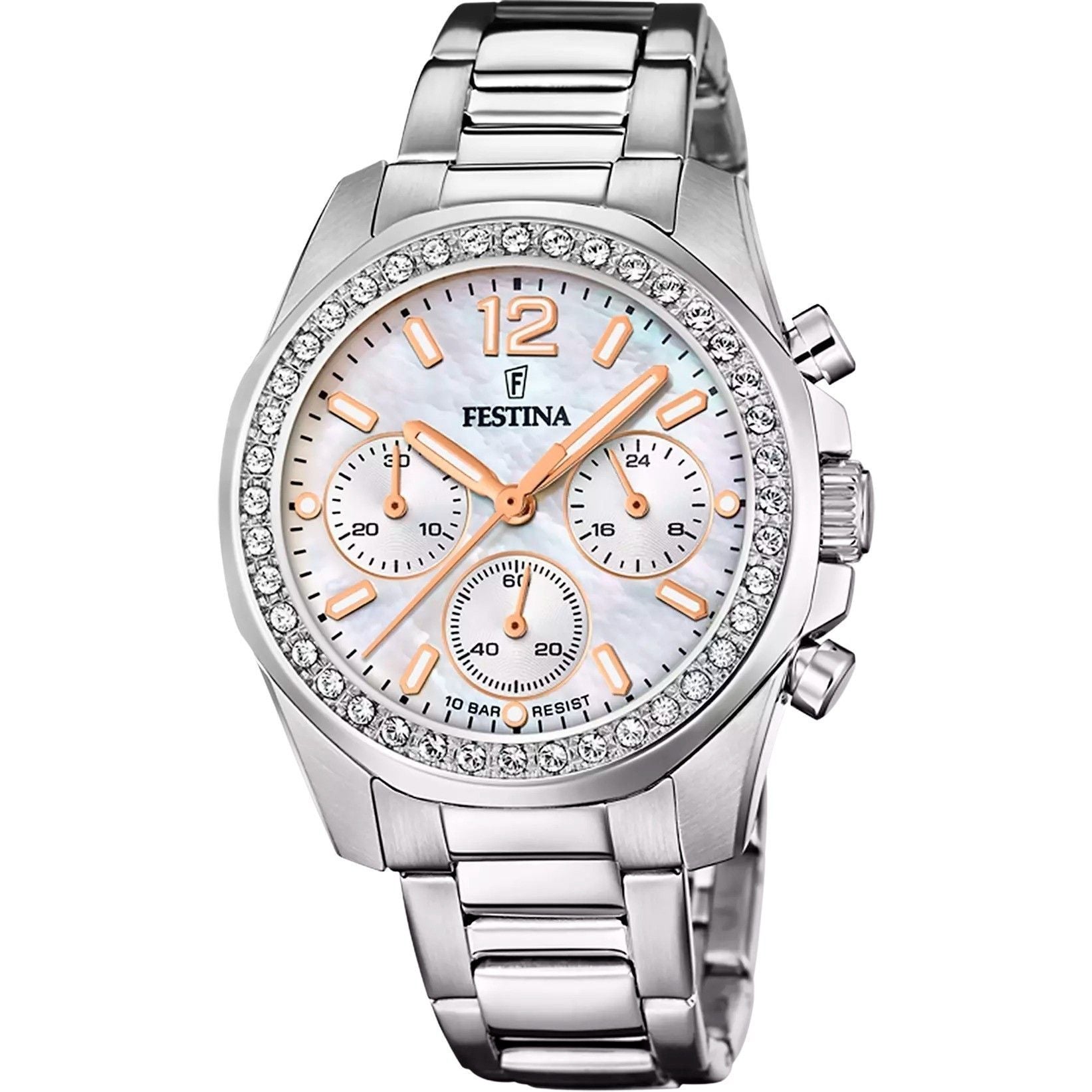 Festina Rainbow Chronograph Crystal Accents Mother Of Pearl. A brand-new Festina Chronograph watch featuring a Mother Of Pearl dial. Angled view.