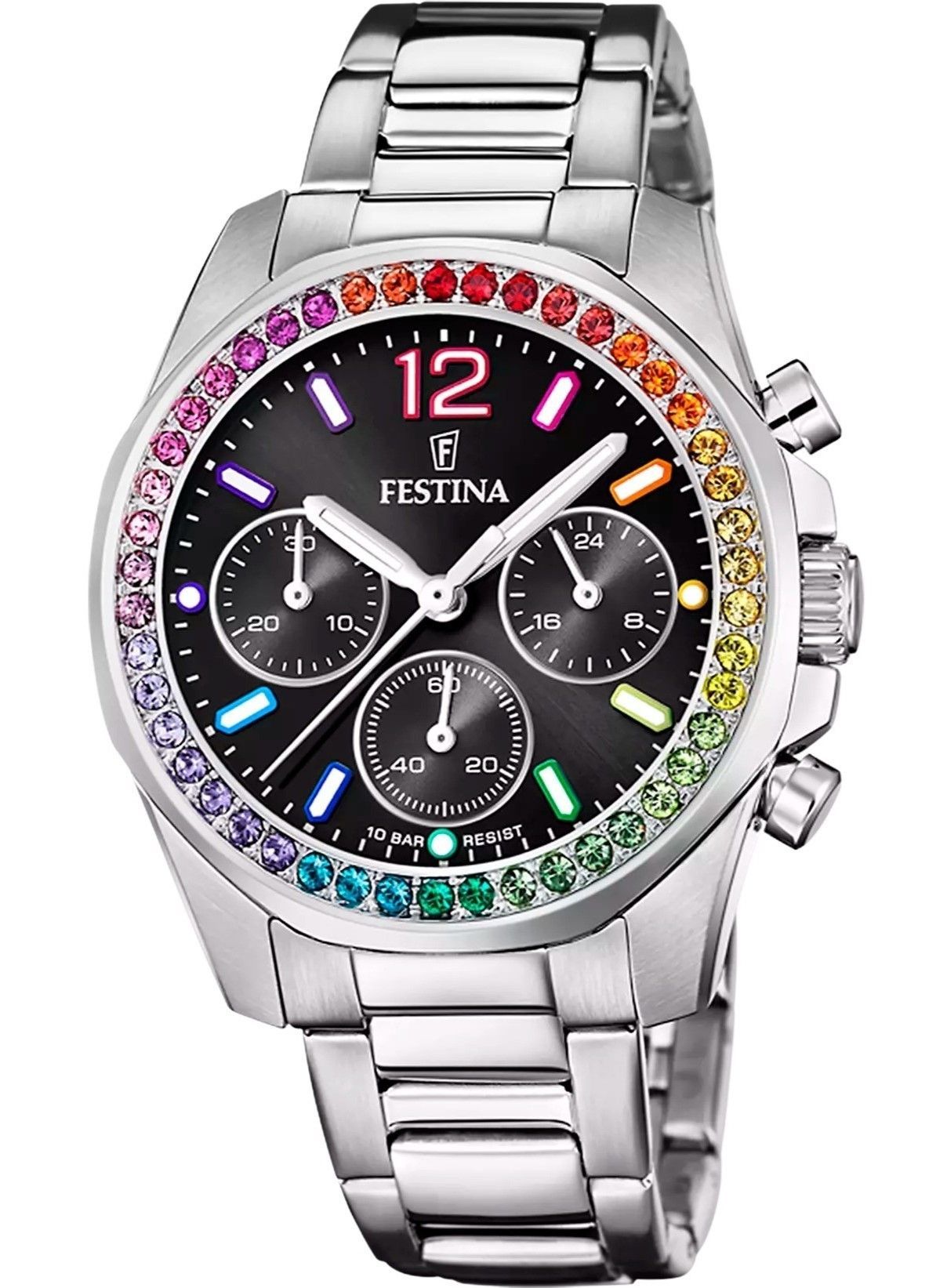 Festina Rainbow Chronograph Crystal Accents Stainless Steel. A brand-new Festina Chronograph watch featuring a Black dial and a Stainless steel strap. Angled view.