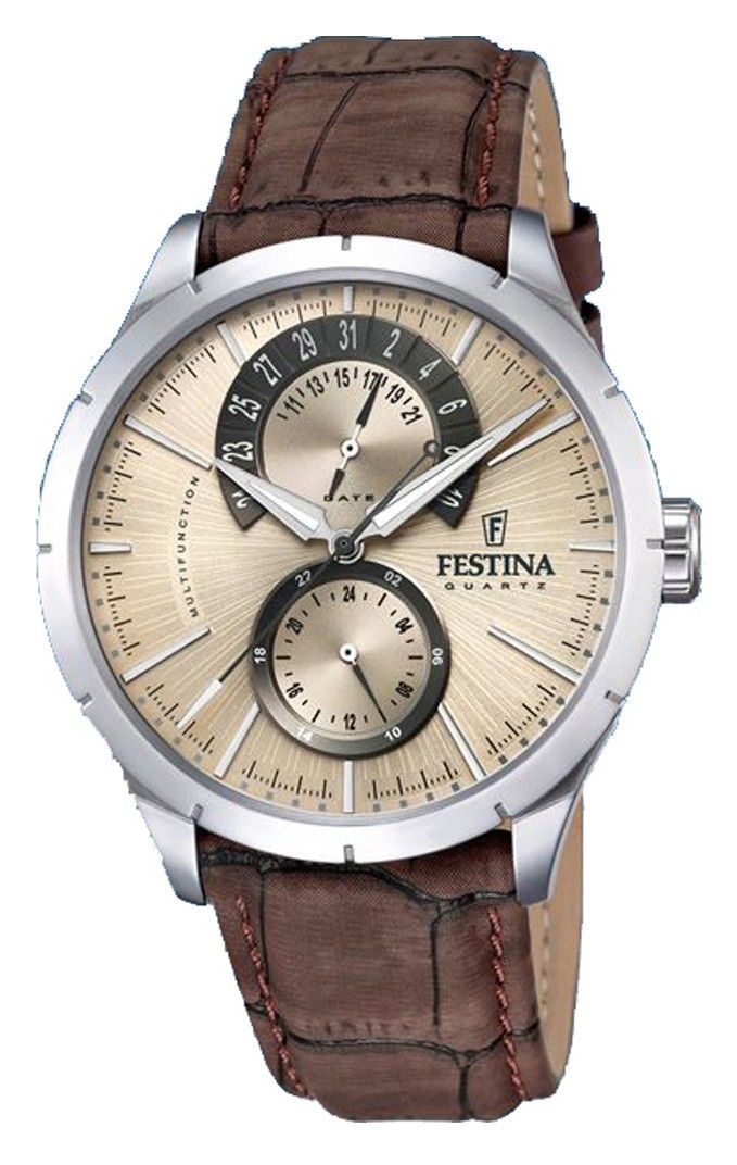 Festina Retro Leather Strap Multifunction Beige Dial Quartz. A brand-new Festina Multifunction watch featuring a Beige dial and a Leather strap. Angled view.