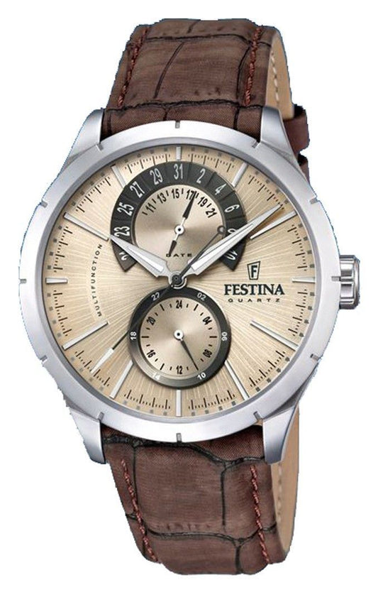 Festina Retro Leather Strap Multifunction Beige Dial Quartz. A brand-new Festina Multifunction watch featuring a Beige dial and a Leather strap. Angled view.