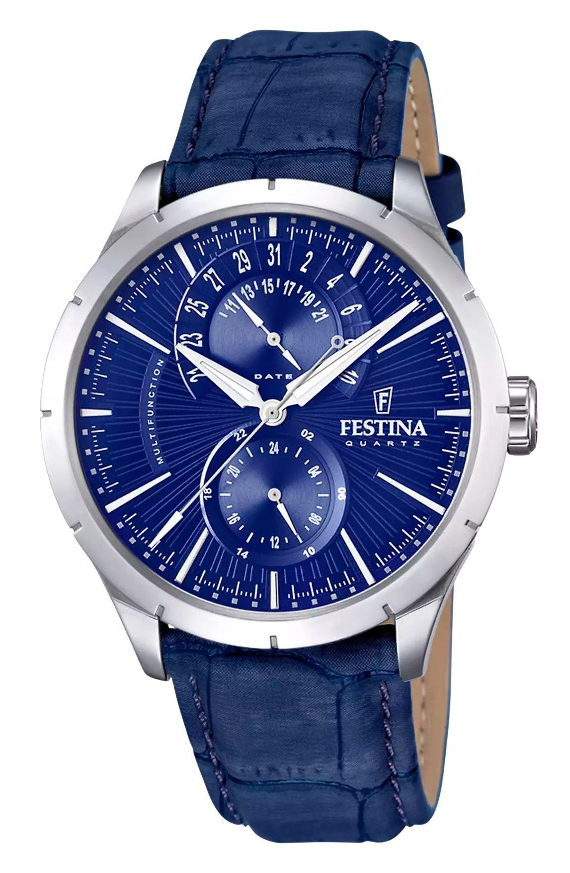 Festina Retro Multifunction Leather Strap Blue Dial Quartz. A brand-new Festina Multifunction watch featuring a Blue dial and a Leather strap. Side view.