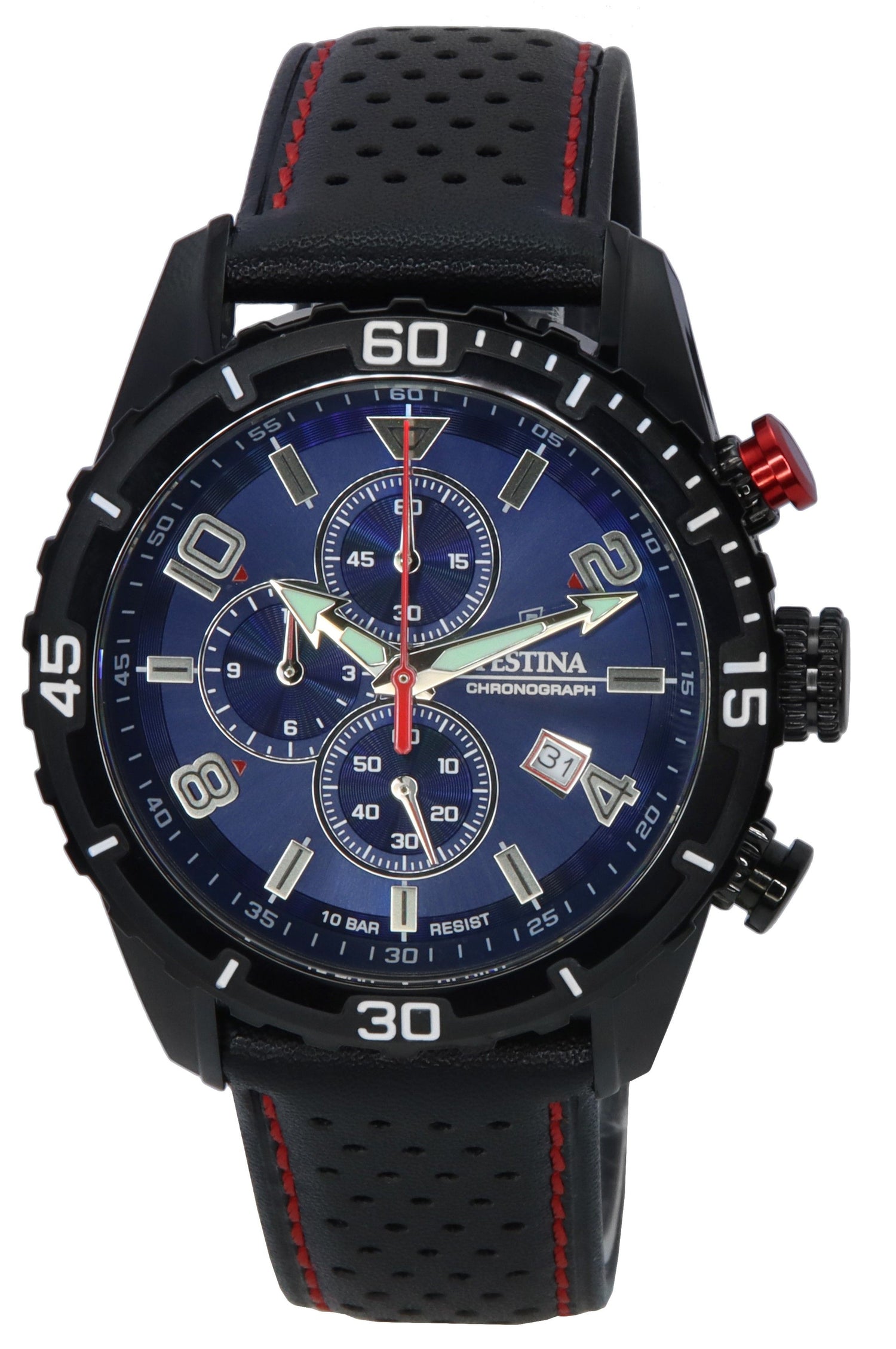 Festina Sport Chronograph Blue Dial Quartz F205192 100M. A brand-new Festina Chronograph watch featuring a Blue dial and a Leather strap. Front view.