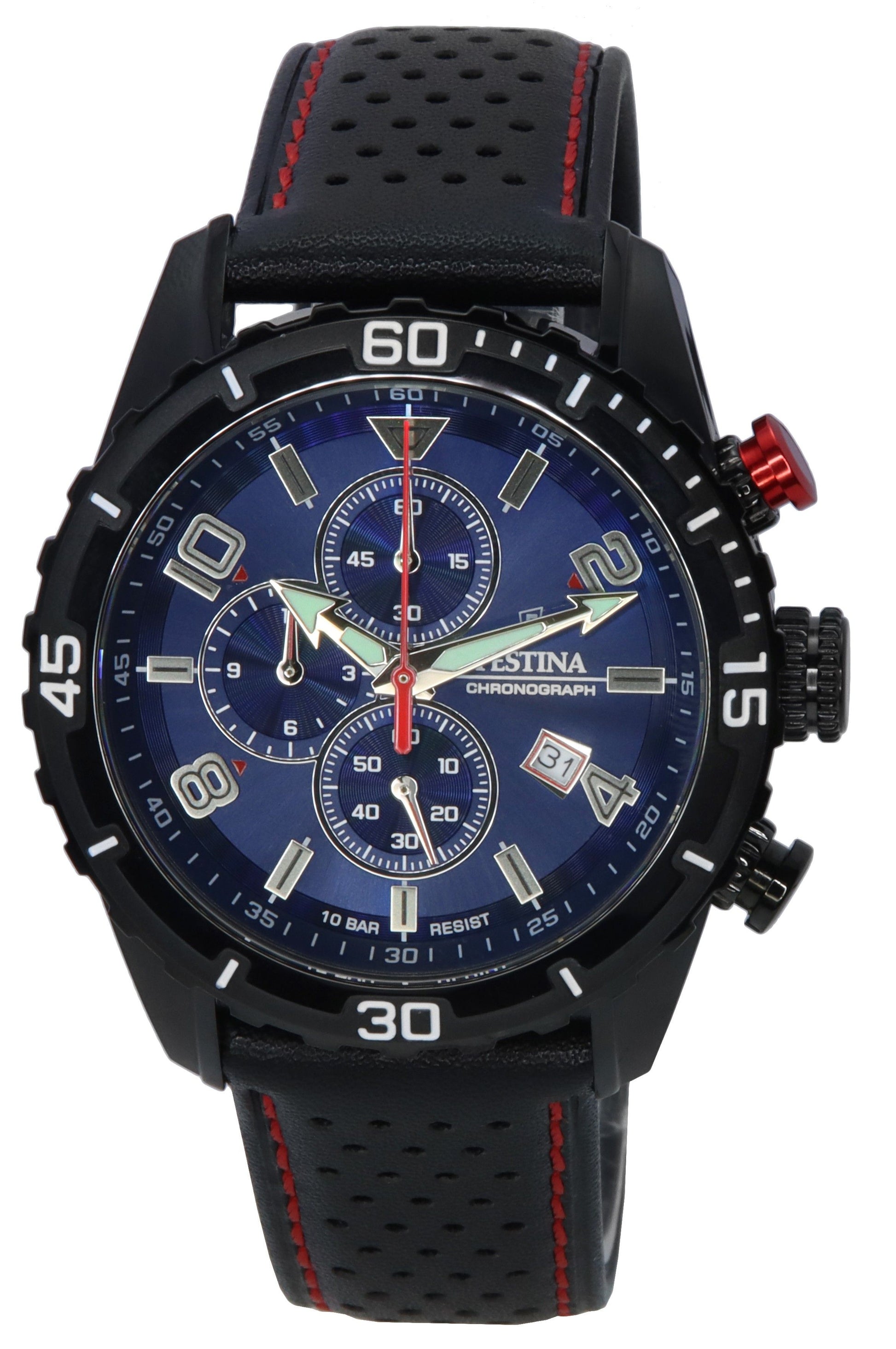 Festina Sport Chronograph Blue Dial Quartz F205192 100M. A brand-new Festina Chronograph watch featuring a Blue dial and a Leather strap. Front view.