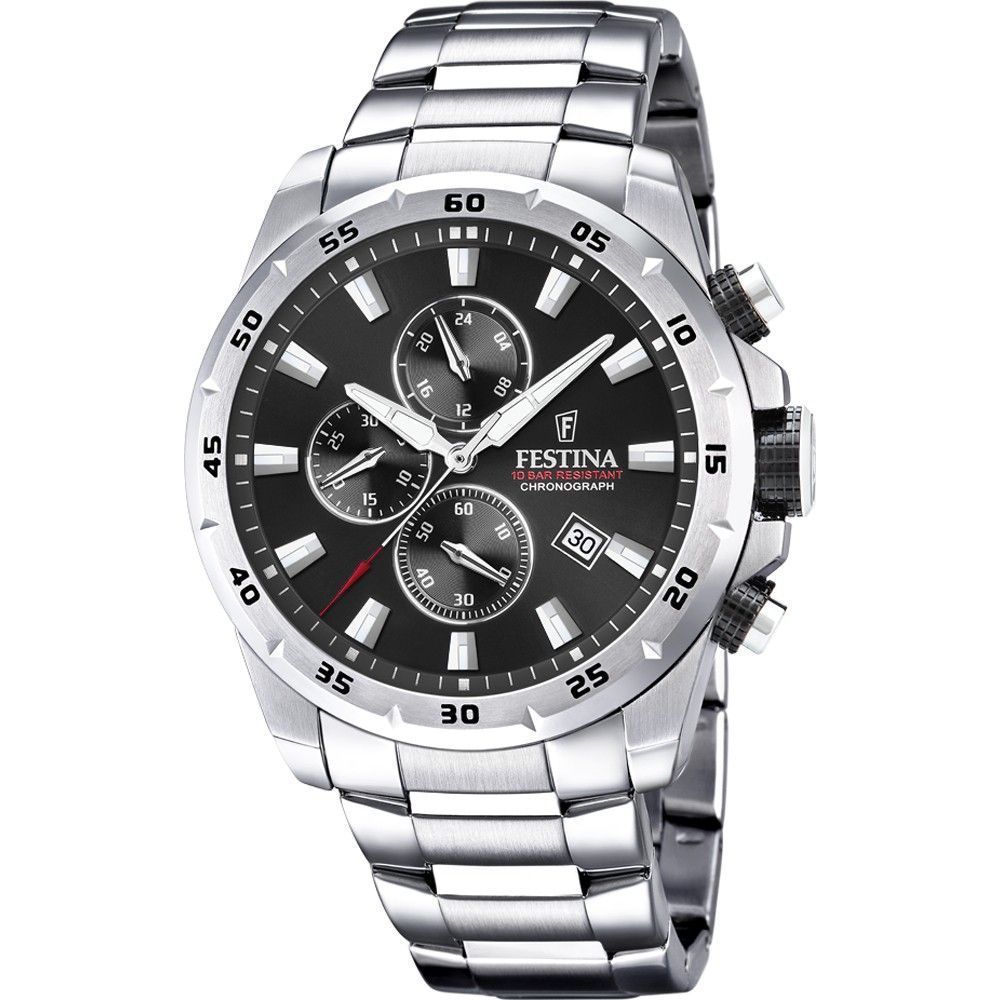 Festina Sport Chronograph Stainless Steel Black Dial Quartz. A brand-new Festina Chronograph watch featuring a Black dial and a Stainless steel strap. Side view.