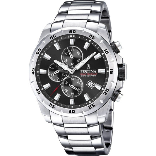 Festina Sport Chronograph Stainless Steel Black Dial Quartz. A brand-new Festina Chronograph watch featuring a Black dial and a Stainless steel strap. Side view.
