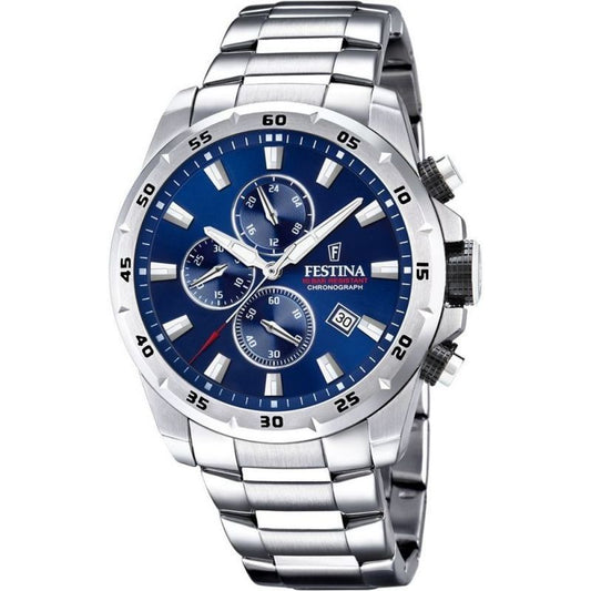 Festina Sport Chronograph Stainless Steel Blue Dial Quartz. A brand-new Festina Chronograph watch featuring a Blue dial and a Stainless steel strap. Front view.