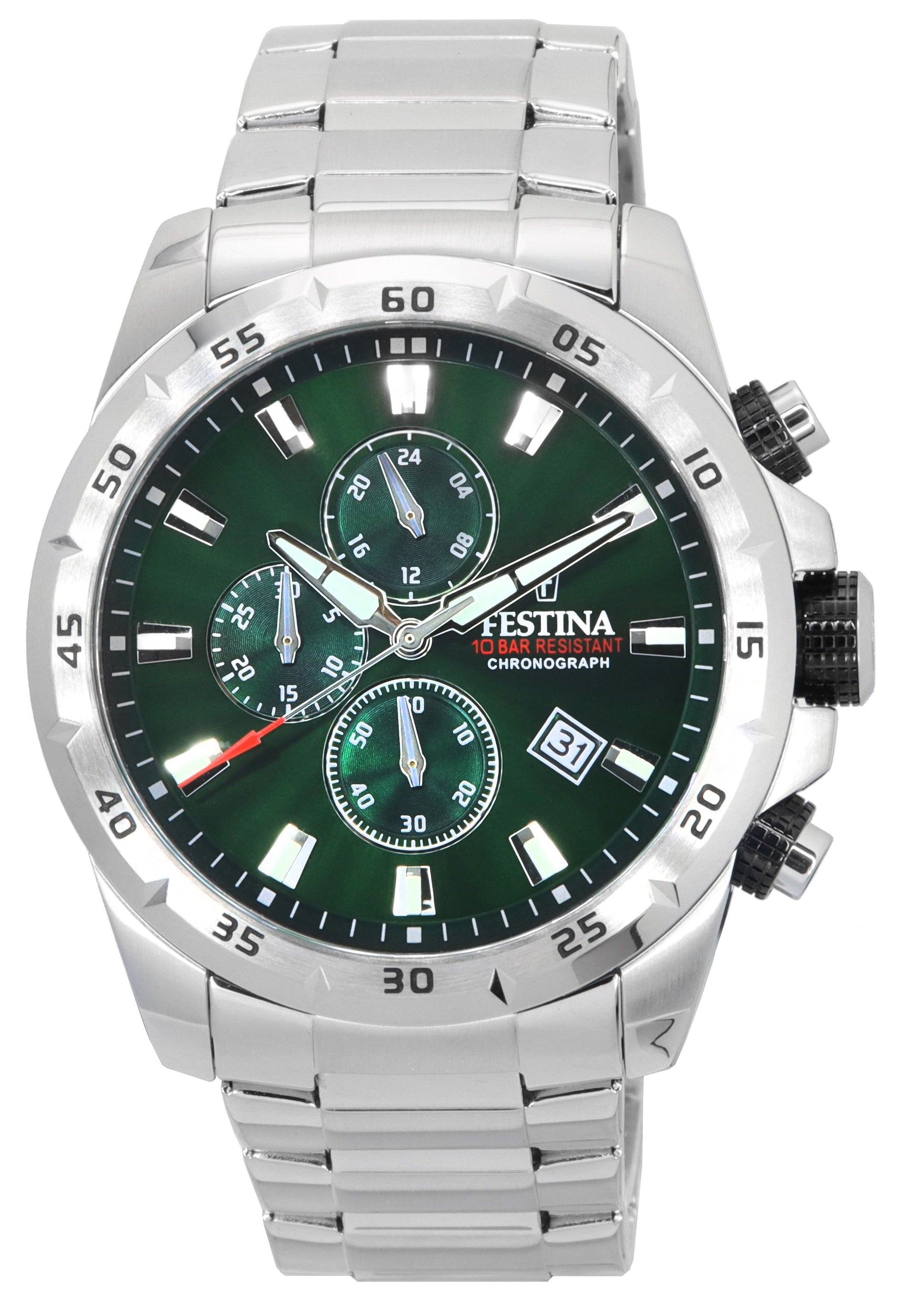 Festina Sports Chorongraph Stainless Steel Green Dial. A brand-new Festina watch featuring a Green dial and a Stainless steel strap. Angled view.