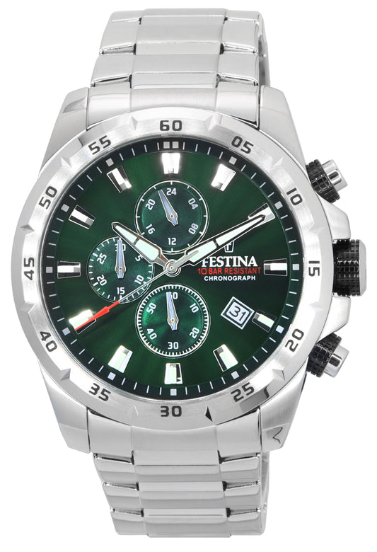 Festina Sports Chorongraph Stainless Steel Green Dial. A brand-new Festina watch featuring a Green dial and a Stainless steel strap. Angled view.